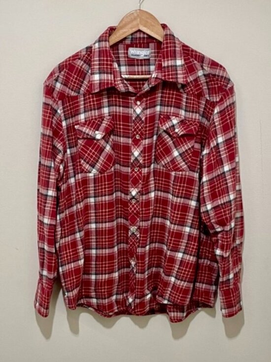 Wrangler Other - Wrangler Rancher Red Plaid Flannel Button-Down Shirt Pearl Snap Buttons, Size